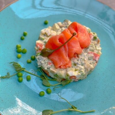 Salad Olivie with salted salmon